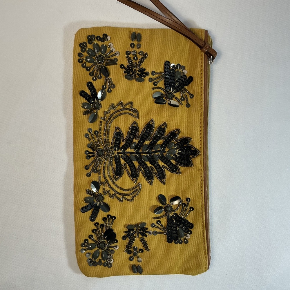 LOFT Mustard Yellow Beaded Sequin Beads Canvas Wristlet Clutch Bag New With Tags - Picture 2 of 6